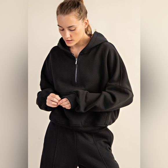 #470. Offset Quarter Zip Hoodie- Black - Picture 1 of 3
